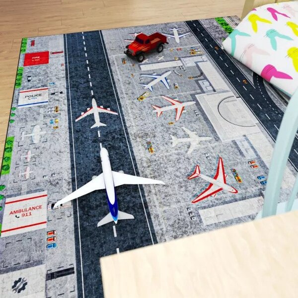 Makro Abra Dětský kusový koberec vhodný k praní BAMBINO 23681 Letiště Letadla šedý Rozměr: 80x150 cm