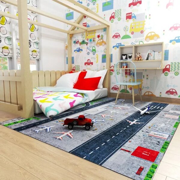 Makro Abra Dětský kusový koberec vhodný k praní BAMBINO 23681 Letiště Letadla šedý Rozměr: 80x150 cm