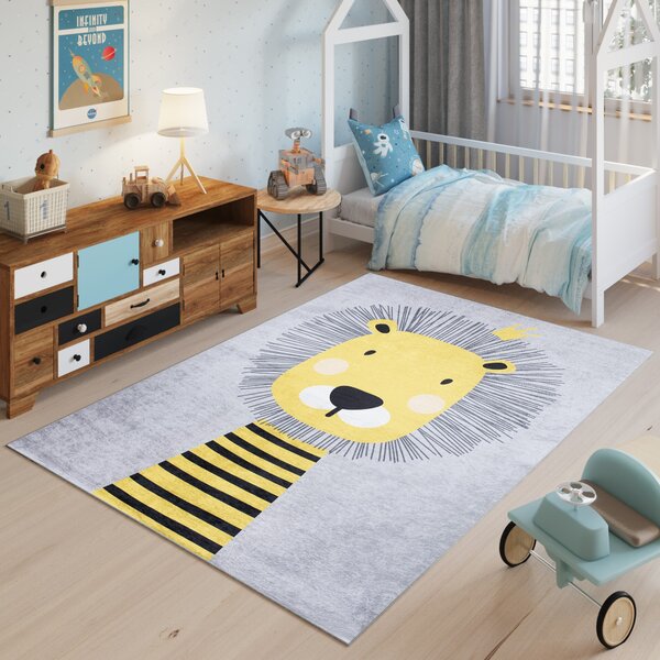 Makro Abra Dětský kusový koberec vhodný k praní BAMBINO 2028 Lvíček protiskluzový šedý žlutý Rozměr: 80x150 cm
