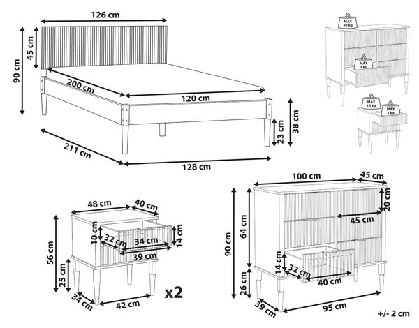 Sada do ložnice Borovicové dřevo AMBAZAC 120 x 200 cm Světle hnědá