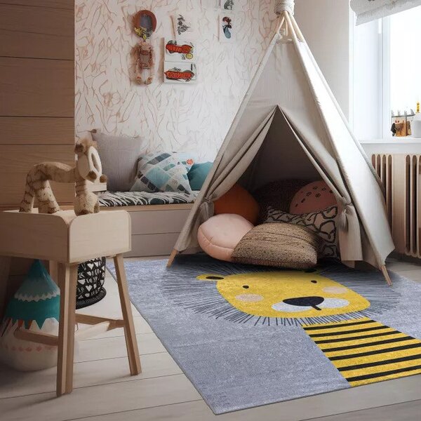 Makro Abra Dětský kusový koberec vhodný k praní BAMBINO 2028 Lvíček protiskluzový šedý žlutý Rozměr: 80x150 cm