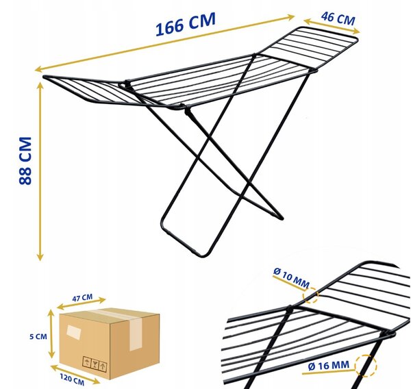 Erga Model TOP Black, sušák na prádlo 166x46x88 cm, černá, ERG-SEP-10SUSSTOBLA16