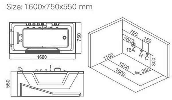 BPS-koupelny Hydromasážní vana HYD-GO938C 162x75 s ohřevem vody