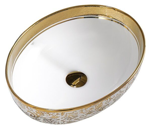 BPS-koupelny Keramické umyvadlo na desku HYD-KI-WH-MOD6-500 50x37 cm, bílé/zlaté