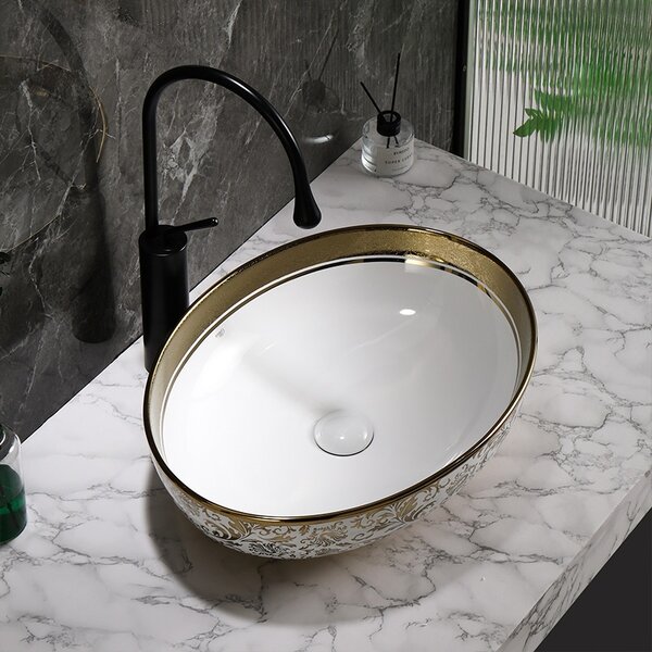 BPS-koupelny Keramické umyvadlo na desku HYD-KI-WH-MOD6-500 50x37 cm, bílé/zlaté