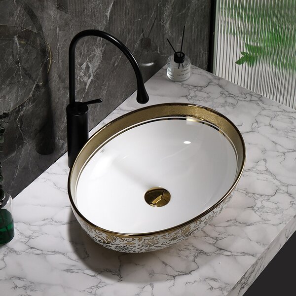 BPS-koupelny Keramické umyvadlo na desku HYD-KI-WH-MOD6-500 50x37 cm, bílé/zlaté