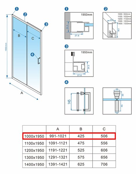 BPS-koupelny Posuvné sprchové dveře HYD-PD14A 100 černá/transparent pro instalaci do niky - bez vaničky