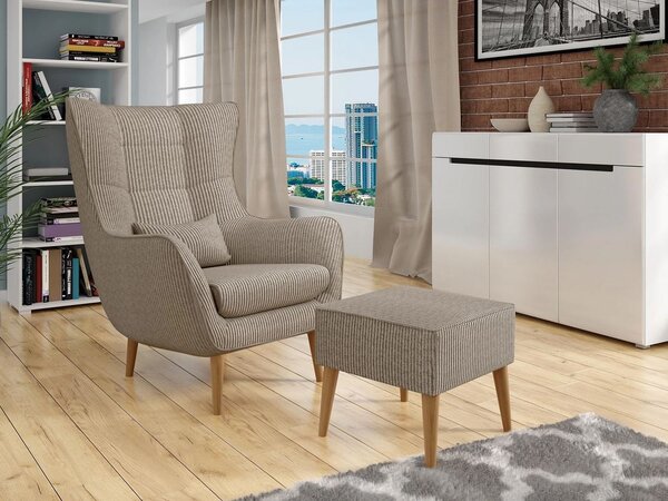 Designové křeslo ušák s taburetkou LEVI - tmavé béžové
