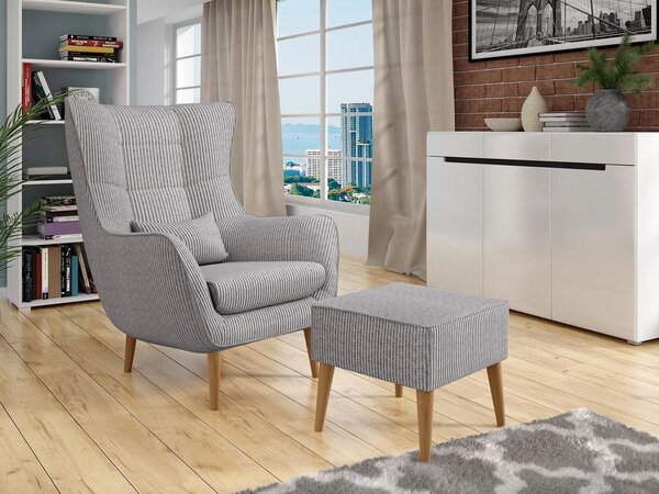 Designové křeslo ušák s taburetkou LEVI - šedé
