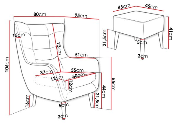 Designové křeslo ušák s taburetkou LEVI - špinavé bílé