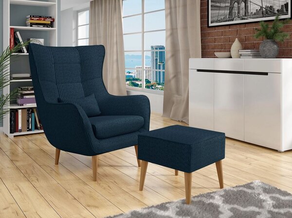 Designové křeslo ušák s taburetkou LEVI - pařížská modř