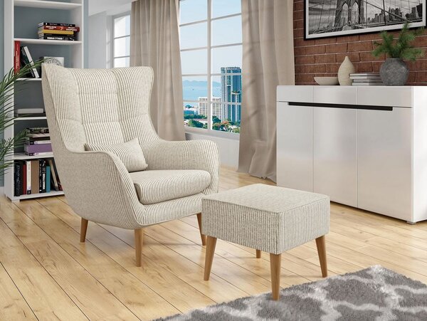Designové křeslo ušák s taburetkou LEVI - špinavé bílé