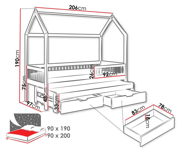 Dětská postel domeček s přistýlkou 90x200 DABI - bílá