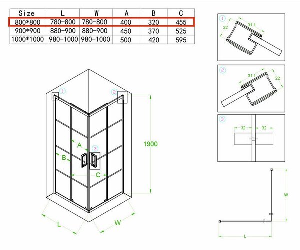 BPS-koupelny Čtvercový sprchový kout HYD-SK32A 80x80 černý/transparent - bez vaničky