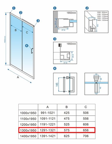 BPS-koupelny Posuvné sprchové dveře KZ14D 130 chrom/transparent pro instalaci do niky - bez vaničky