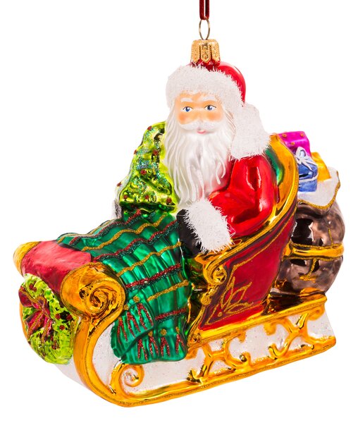 Dům Vánoc Sběratelská skleněná ozdoba na stromeček Santa na saních 14 cm