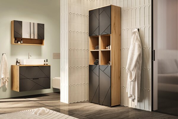 Szynaka Závěsná koupelnová skříňka se zrcadlem Mazi 58 80 cm dub Wotan/černá