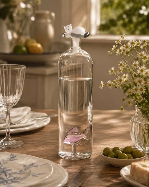Ichendorf Milano designové karafy Tabby Cat Bottle Pink Fish & White Cat with Smoke Tail