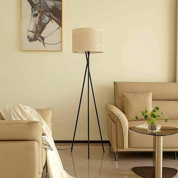 Lindby Stojací lampa Soula, Ø 40 cm, béžová, plast, E27, Krémová / jantar, Obývací pokoj / jídelna, Plast, Venkovský / rustikální, Lampa trojnožka
