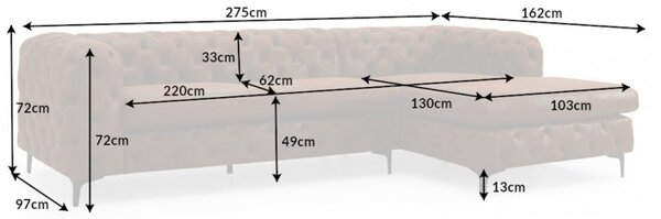 Designová rohová sedačka Rococo 275 cm antik hnědá - pravá