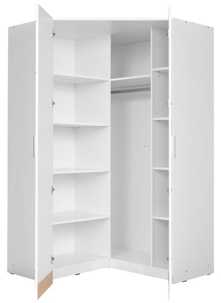 Rohová šatní skříň 117 cm FUNZA 5 - alpská bílá / lesklá bílá