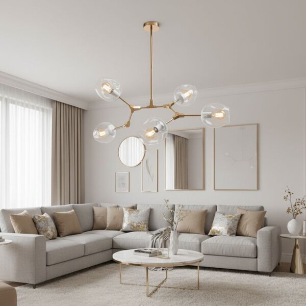 Toolight Skleněné koule 5 ramenná závěsná lampa APP506-5C zlatá