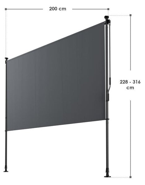 Svislá markýza na balkon 200 x 228-316 cm, UV ochrana, šedá
