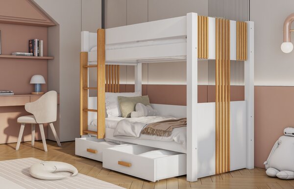 Dvoupatrová postel do dětského pokoje 80x180 ELVA 1 - bílá / buk, levé provedení