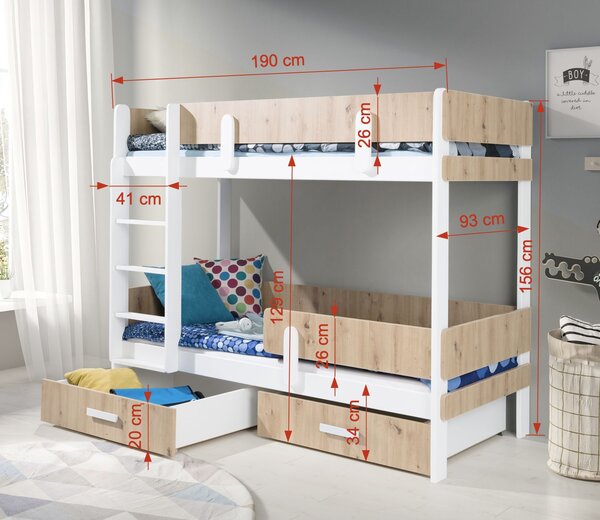 Dvoupatrová postel s úložným prostorem 80x180 DEDLIA 1 - bílá / dub artisan, levé provedení