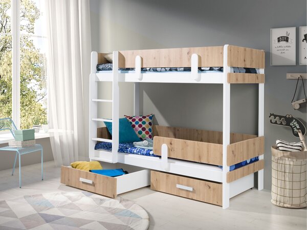 Dvoupatrová postel s úložným prostorem 90x190 DEDLIA 1 - bílá / dub artisan, levé provedení