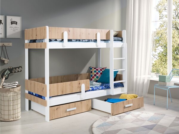 Dvoupatrová postel s úložným prostorem 90x190 DEDLIA 1 - bílá / dub artisan, pravé provedení