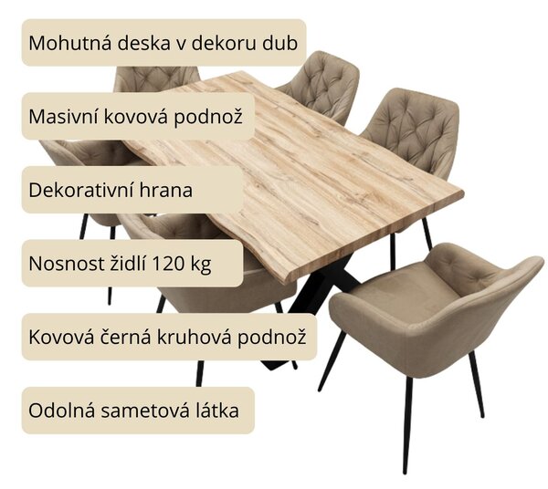 Vikio Jídelní set 6+1 160x90 cm dub, béžová VJS136-6BE