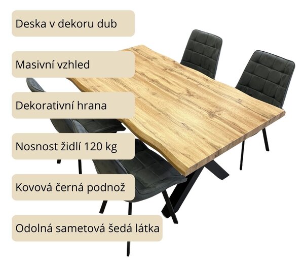 Vikio Jídelní set pro 4 osoby 140x90 cm dub, šedá samet VJS114-41S-S
