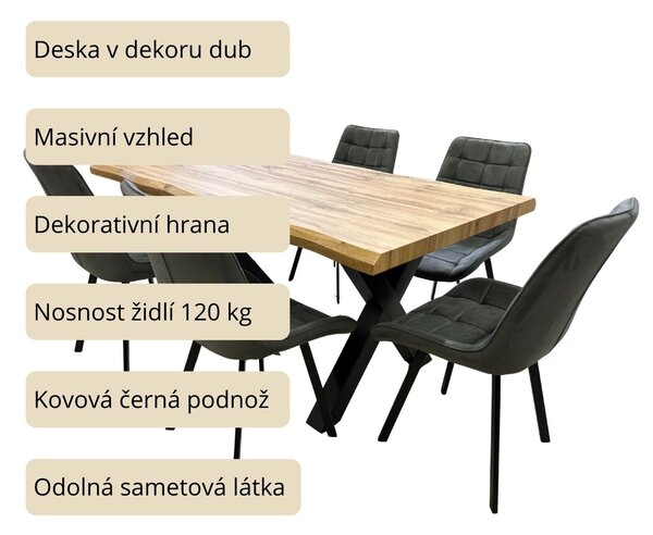 Vikio Jídelní set pro 6 osob 140x90 cm dub, šedá samet VJS114-61S-S