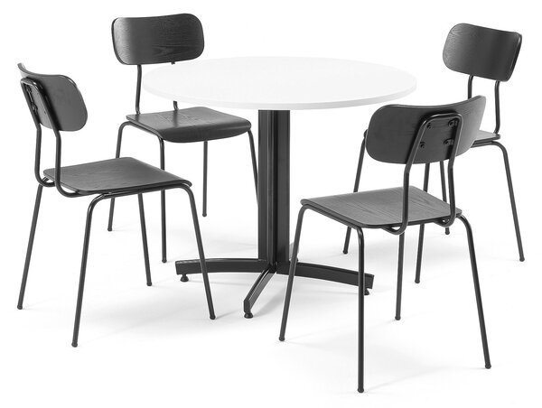 AJ Produkty Jídelní set SANNA + RENO, stůl Ø900 mm, bílá + 4 židle, černé
