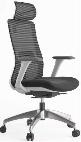 Kancelářská ergonomická židle WISDOM s podhlavníkem — síť, šedý plast, nosnost 150 kg, tmavě šedá