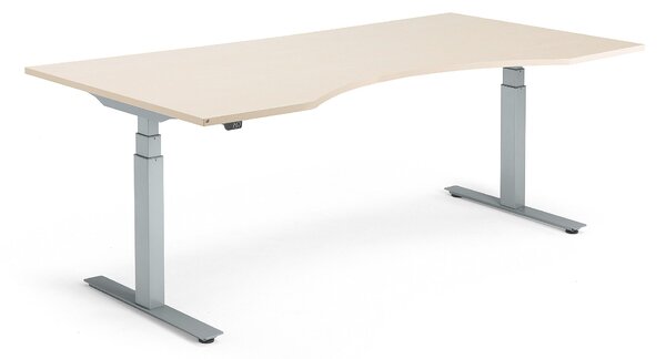AJ Produkty Výškově nastavitelný stůl MODULUS, vykrojený, 2000x1000 mm, stříbrný rám, bříza