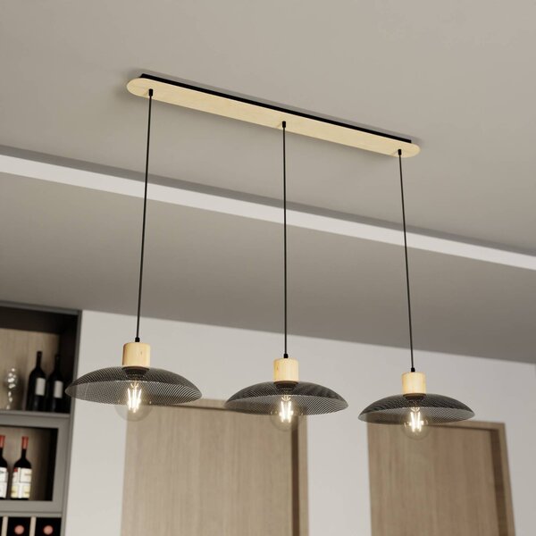 EMIBIG LIGHTING Závěsné světlo Kobe, tříramenné, ocel, dřevo, černé, stmívatelný, Černá, Obývací pokoj / jídelna, kov