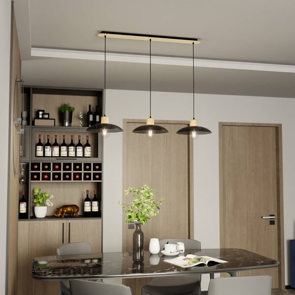 EMIBIG LIGHTING Závěsné světlo Kobe, tříramenné, ocel, dřevo, černé, stmívatelný, Černá, Obývací pokoj / jídelna, kov