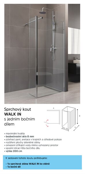 Mereo Mereo, Boční díl pro WALK IN, Novea, výška 200 cm, chrom ALU, sklo Čiré, CK10635S