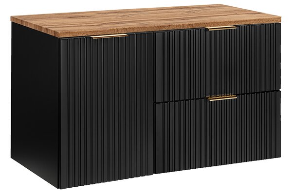 Koupelnová sestava ADEL BLACK s deskou NATURE WOTAN a košem na prádlo 100cm