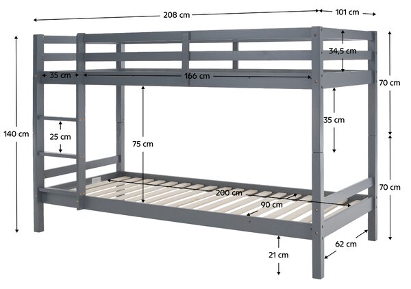 KONDELA Patrová postel, 90x200, masivní dřevo, šedá, INEZA
