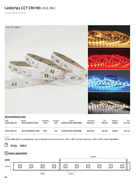 LED pásek RGB+CCT 24V 18W/m CRI90 IP20 2400K–6000K (5m)