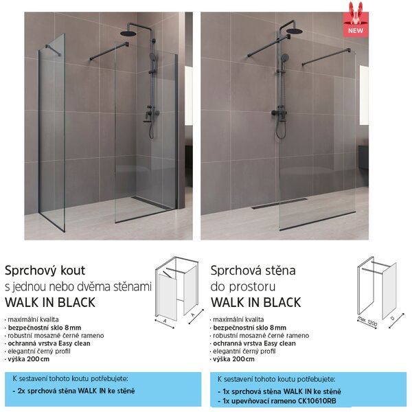 Mereo Mereo, Sprchová stěna WALK IN, Novea, black ALU, sklo Čiré, CK10600HB