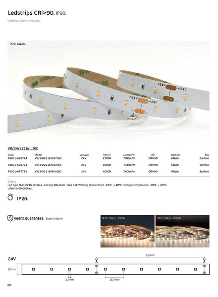 LED pásek 24V CRI90 IP20 2700K (5m) 24W