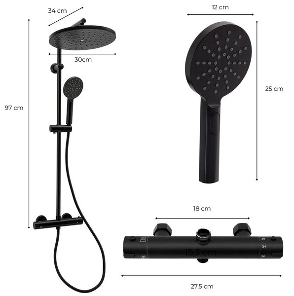Erga Dubaj, sprchový set s termostatickou baterií a hlavovou sprchou 30 cm, černá matná, ERG-YKA-BP.DUBAJ-THERM-30-BLK