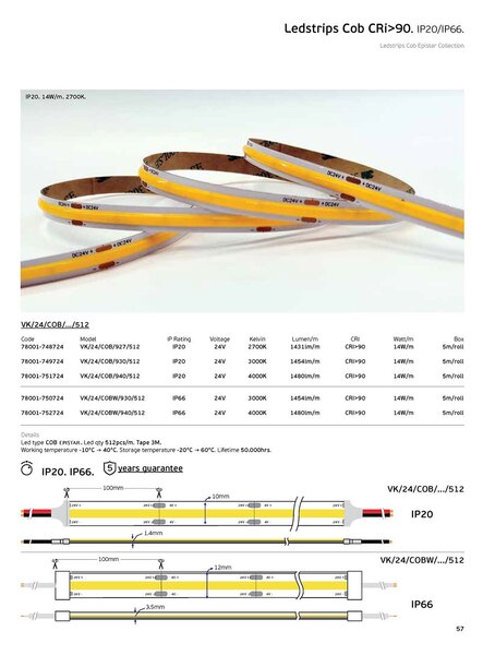 COB LED pásek 24V CRI90 IP20 (5m) 2700K