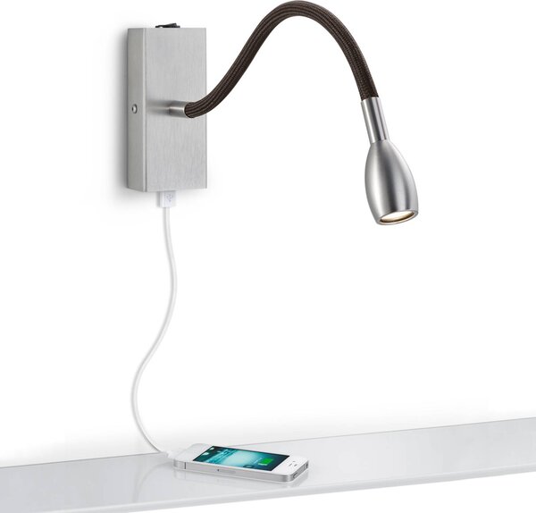 Niklové nástěnné svítidlo LED Milos s nabíjecím portem USB