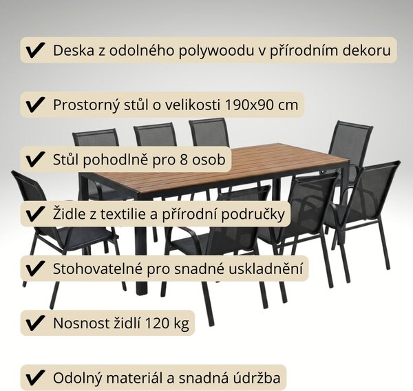 Vikio Venkovní zahradní set 190x90 pro 8 osob přírodní DK305-190P2