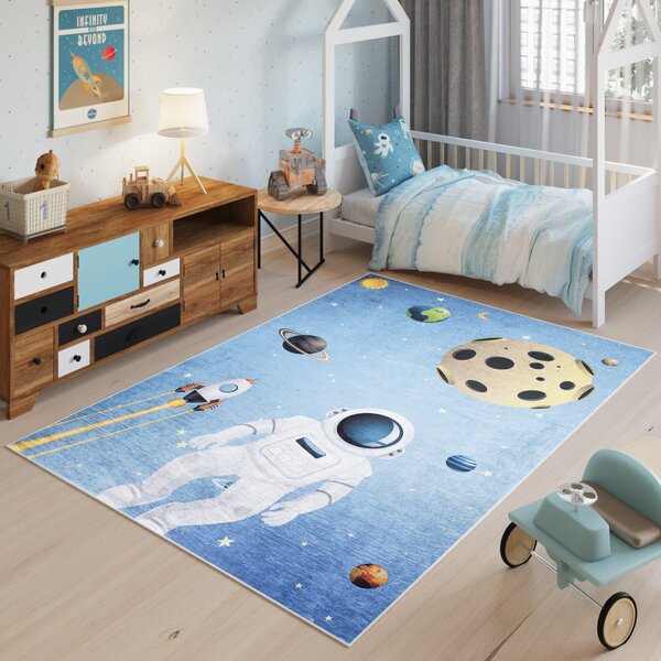 Makro Abra Dětský kusový koberec vhodný k praní BAMBINO 2697 Kosmonaut Vesmír Raketa protiskluzový modrý Rozměr: 80x150 cm